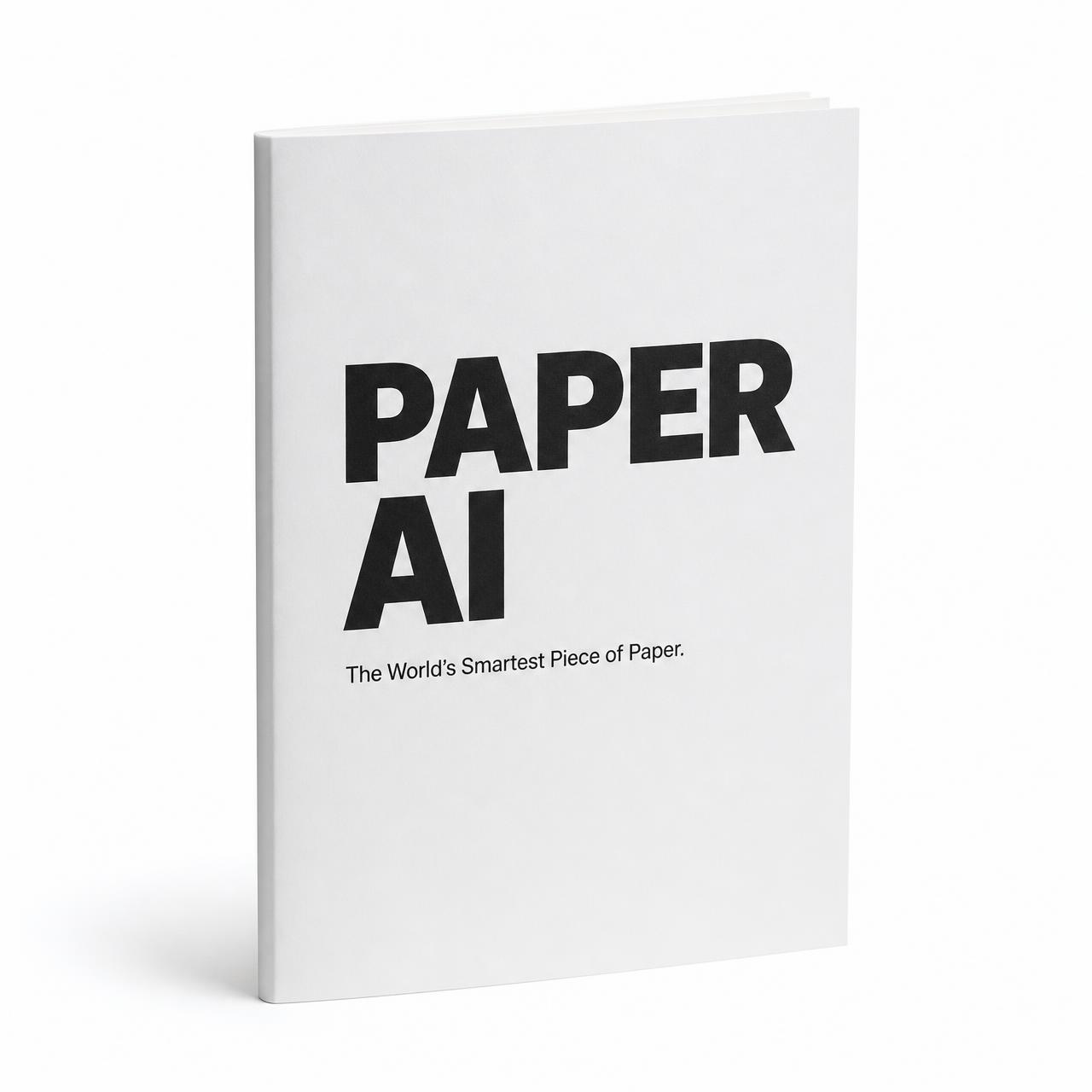 The Paper AI booklet, a white 32-page saddle-stitched booklet with black typography, on a plain white surface